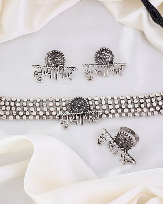 Musafir Choker Earring with Ring - Oxidised