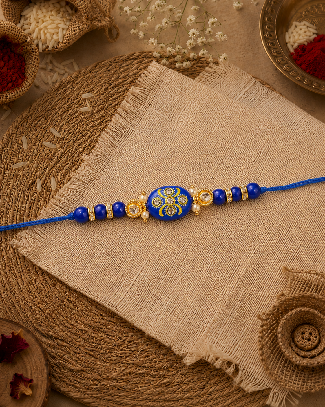 Dark Blue Jadau Beaded Kundan Rakhi for Brother | Tilak Set Included