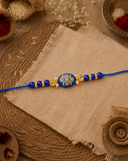 Dark Blue Jadau Beaded Kundan Rakhi for Brother | Tilak Set Included