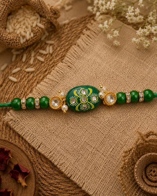 Green Jadau Beaded Kundan Rakhi for Brother | Tilak Set Included