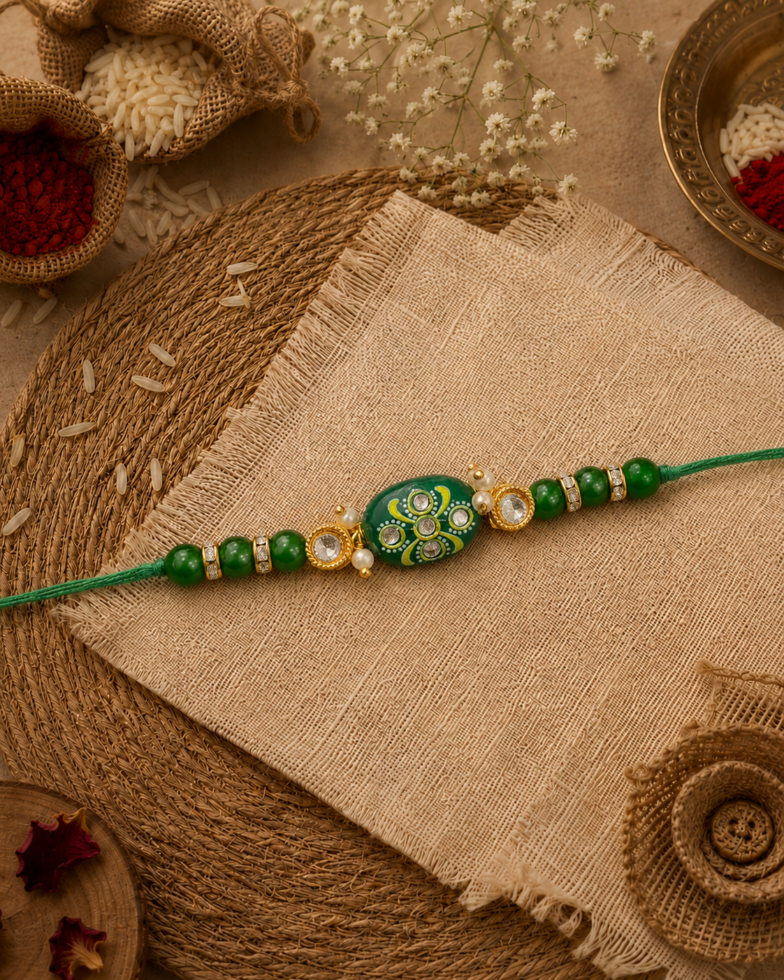 Green Jadau Beaded Kundan Rakhi for Brother | Tilak Set Included