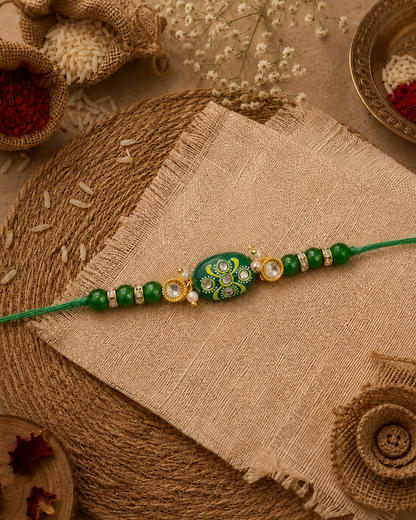 Green Jadau Beaded Kundan Rakhi for Brother | Tilak Set Included