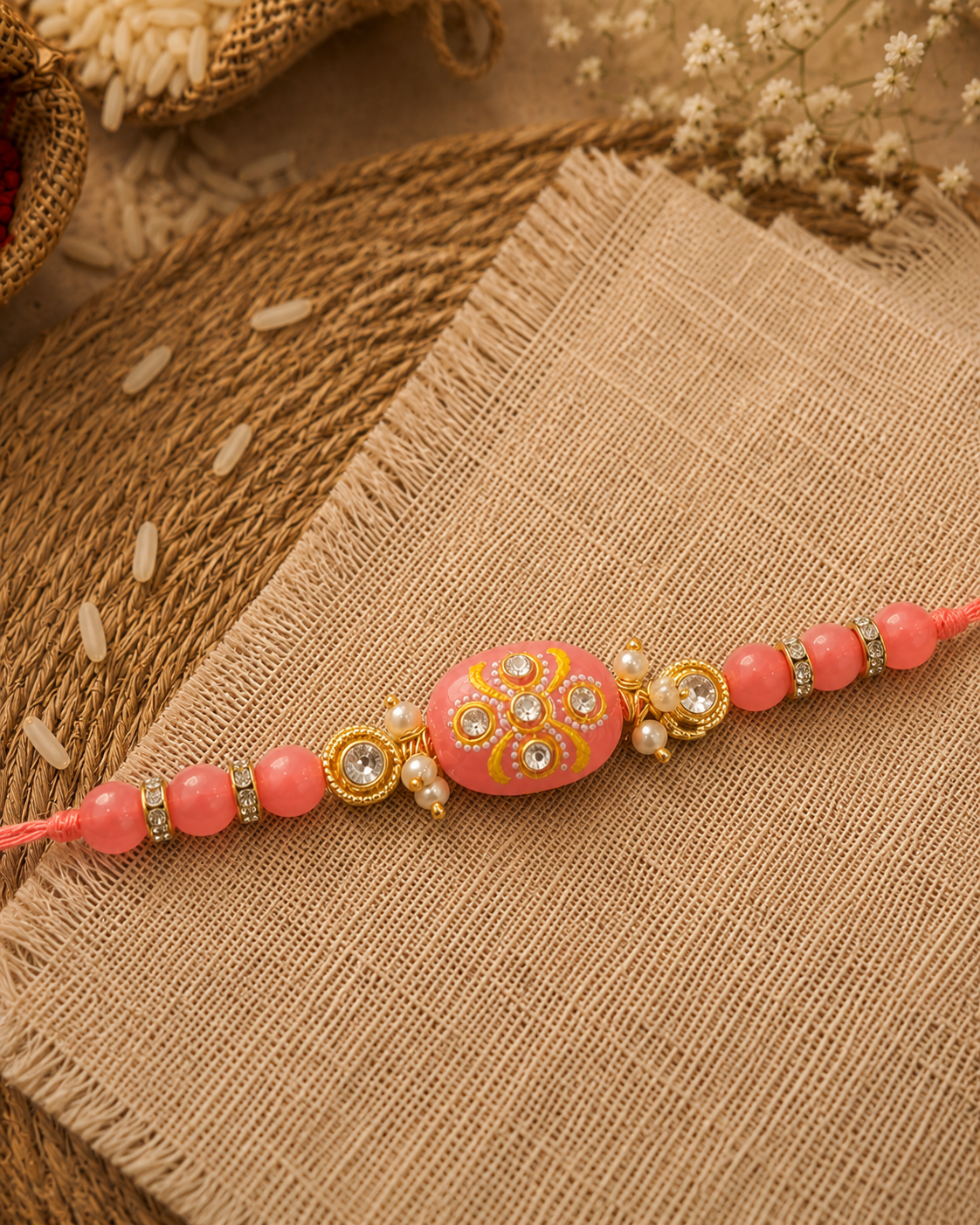 Coral Jadau Beaded Kundan Rakhi for Brother | Tilak Set Included