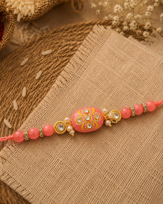 Coral Jadau Beaded Kundan Rakhi for Brother | Tilak Set Included