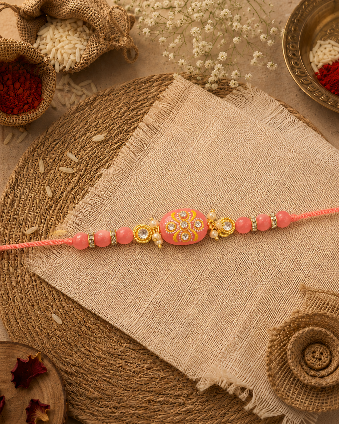 Coral Jadau Beaded Kundan Rakhi for Brother | Tilak Set Included