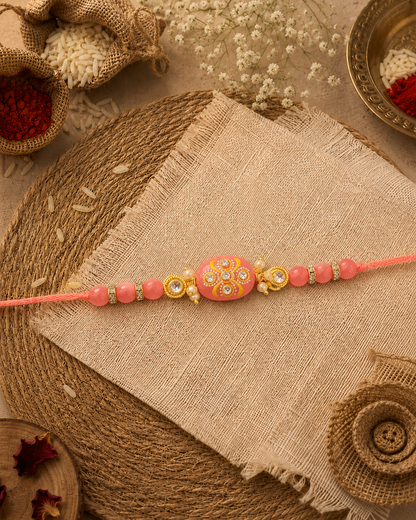 Coral Jadau Beaded Kundan Rakhi for Brother | Tilak Set Included