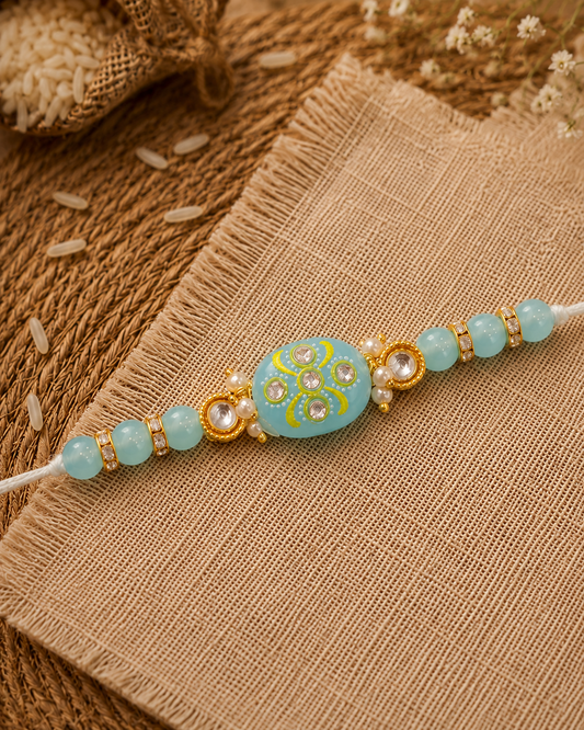 Turquoise Jadau Beaded Kundan Rakhi for Brother | Tilak Set Included