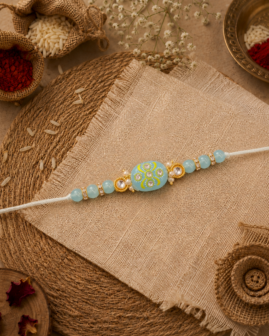 Turquoise Jadau Beaded Kundan Rakhi for Brother | Tilak Set Included