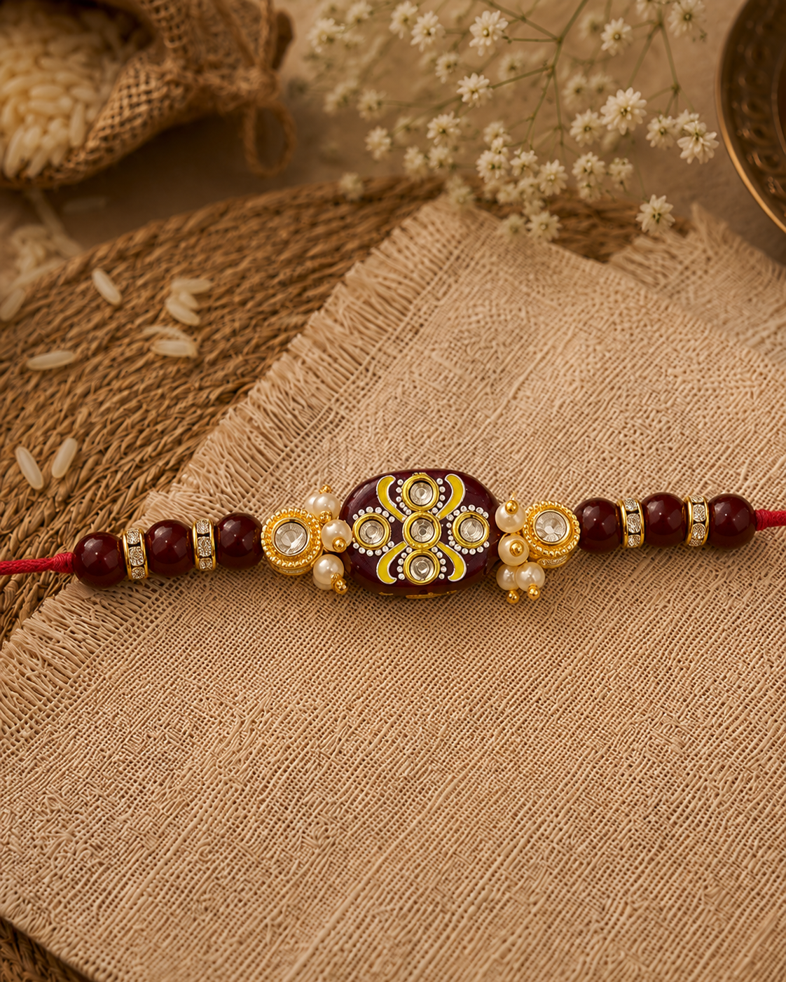 Maroon Jadau Beaded Kundan Rakhi for Brother | Tilak Set Included