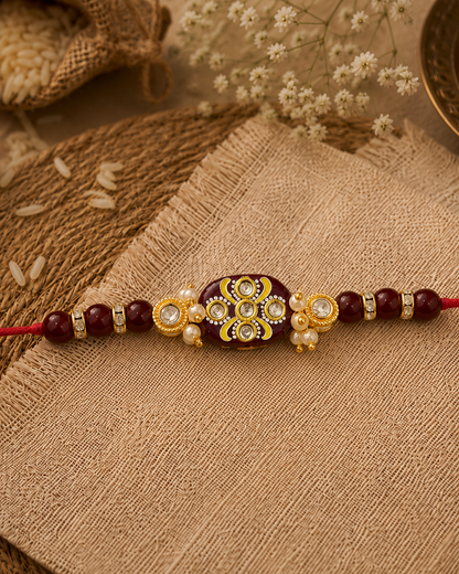 Maroon Jadau Beaded Kundan Rakhi for Brother | Tilak Set Included