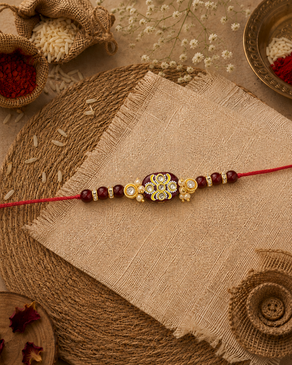 Maroon Jadau Beaded Kundan Rakhi for Brother | Tilak Set Included