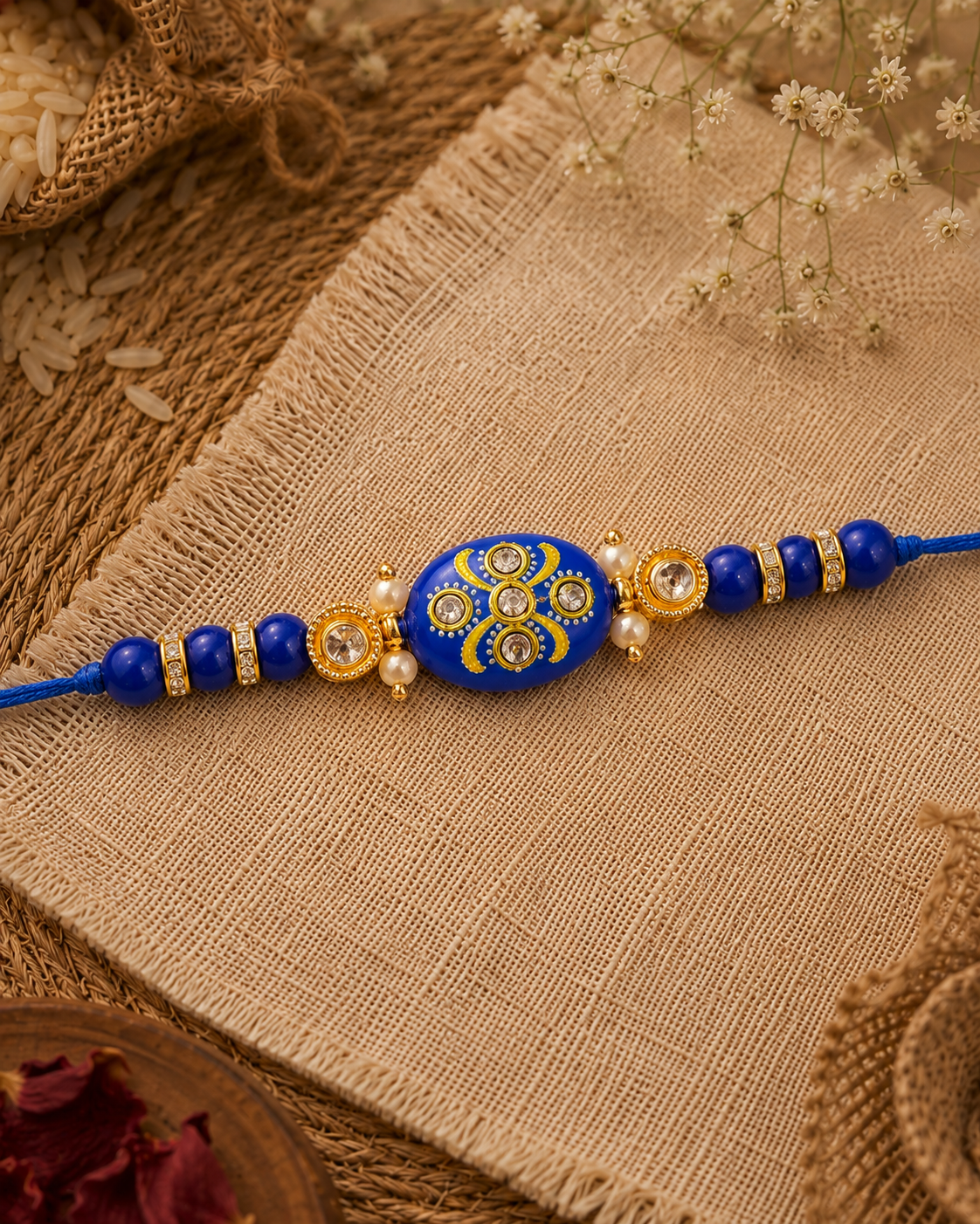 Dark Blue Jadau Beaded Kundan Rakhi for Brother | Tilak Set Included