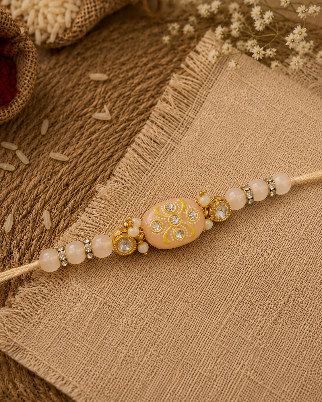 Peach Jadau Beaded Kundan Rakhi for Brother | Tilak Set Included