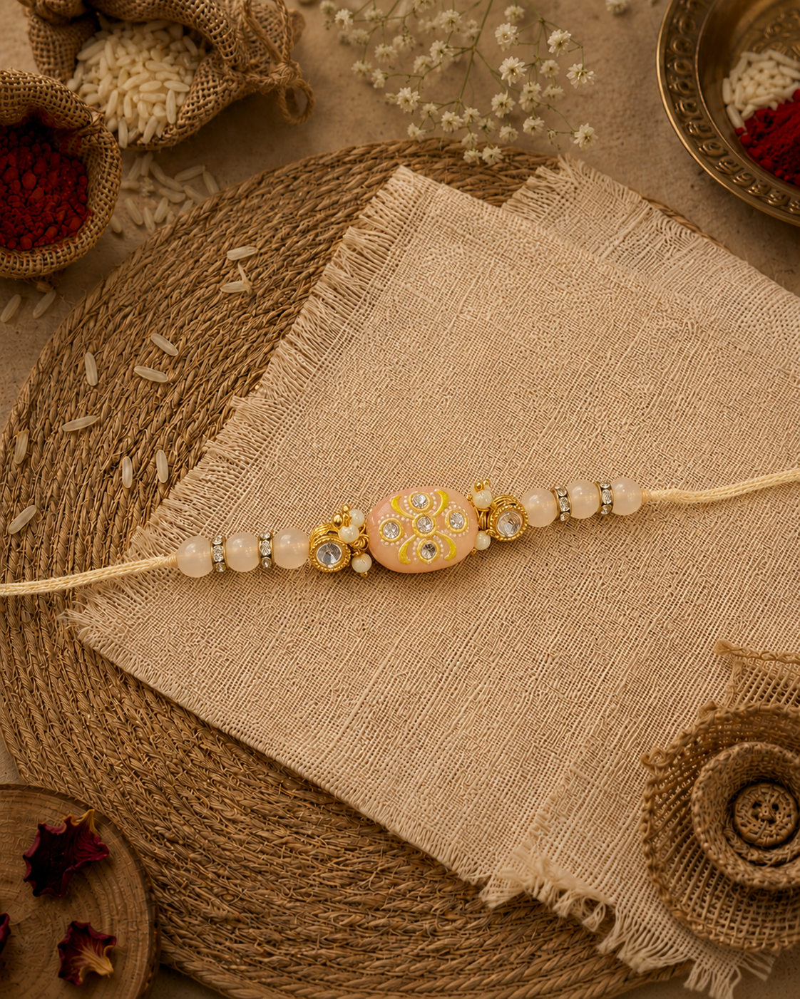 Peach Jadau Beaded Kundan Rakhi for Brother | Tilak Set Included