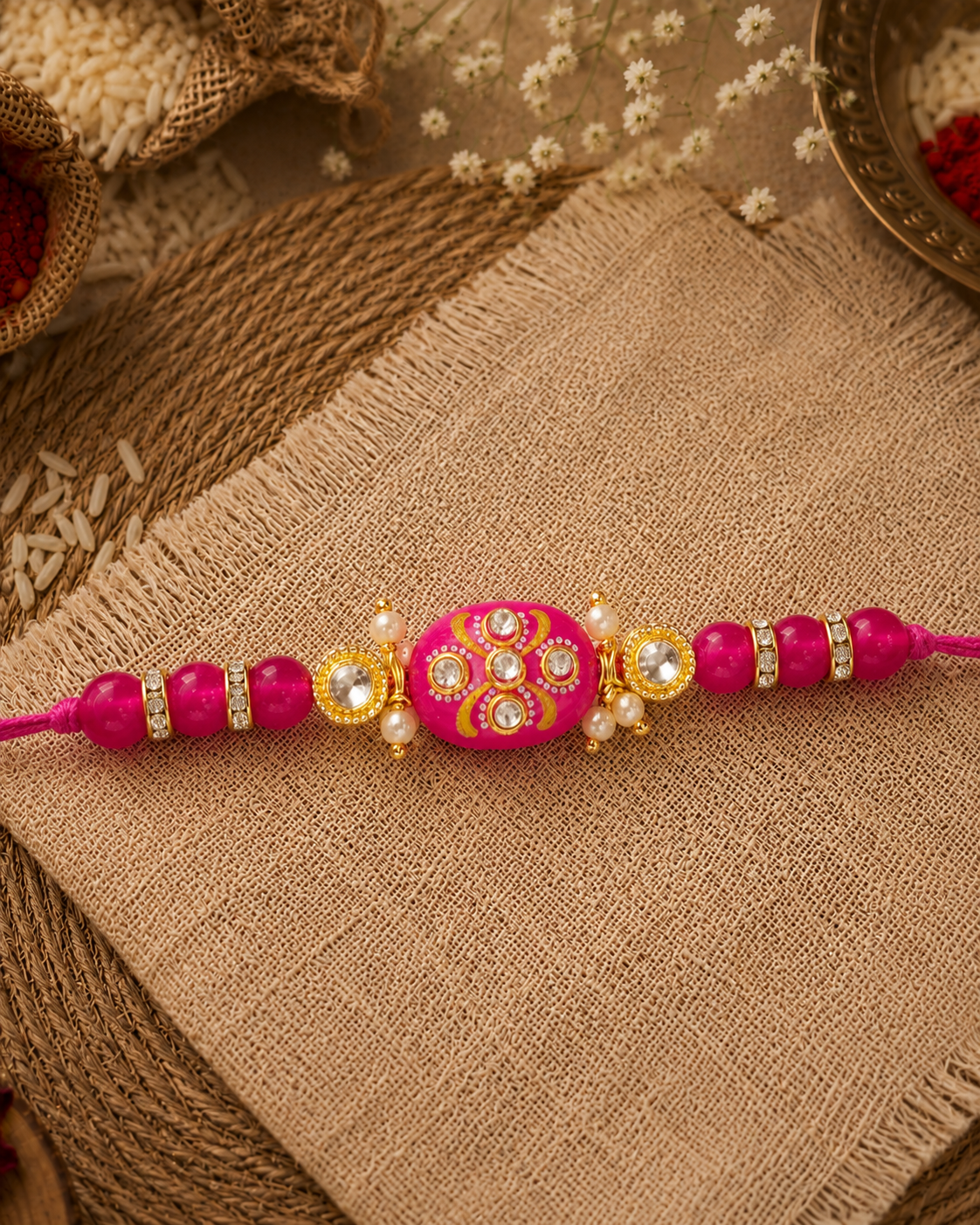 Pink Jadau Beaded Kundan Rakhi for Brother | Tilak Set Included