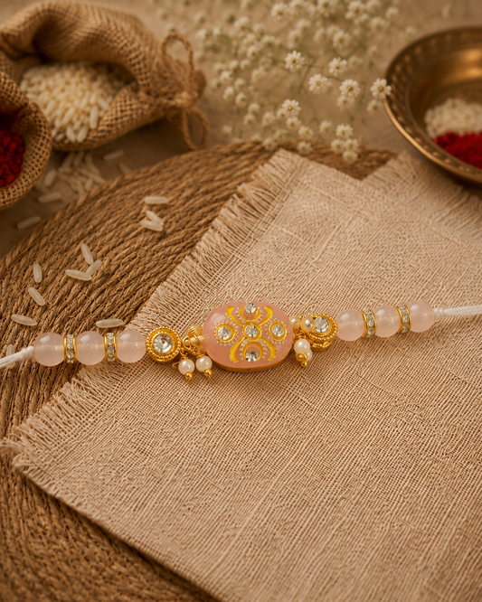 Blush Jadau Beaded Kundan Rakhi for Brother | Tilak Set Included