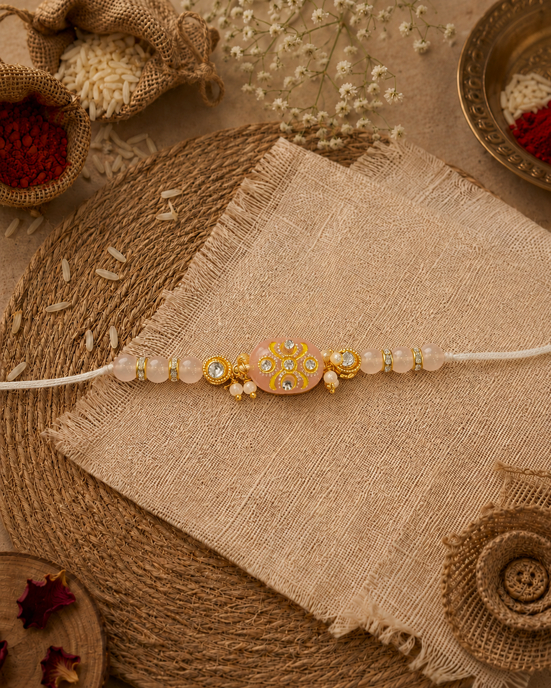 Blush Jadau Beaded Kundan Rakhi for Brother | Tilak Set Included