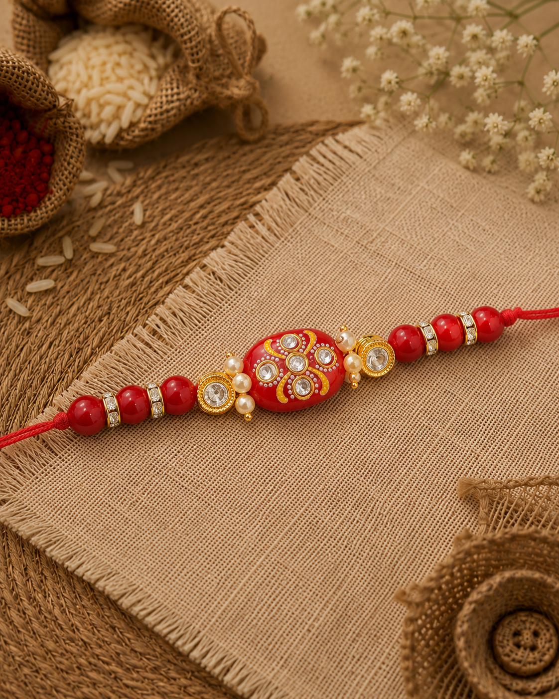Red Jadau Beaded Kundan Rakhi for Brother | Tilak Set Included