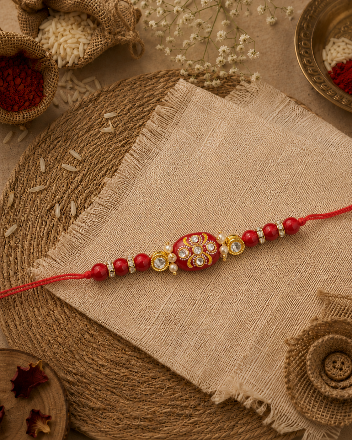Red Jadau Beaded Kundan Rakhi for Brother | Tilak Set Included