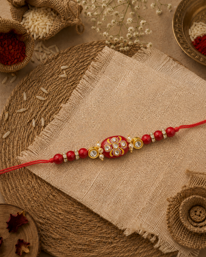 Red Jadau Beaded Kundan Rakhi for Brother | Tilak Set Included