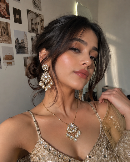 Tejaswi Polki Dupe Long Necklace Set with Statement Chandbali Earring