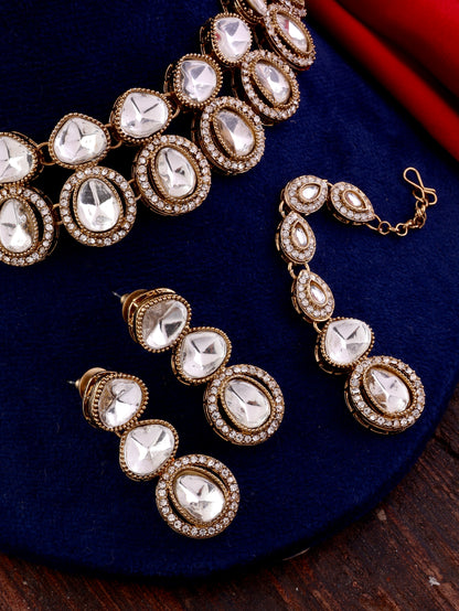 Gold Arshiya Premium Polki Dupe Necklace with Earring and Teeka