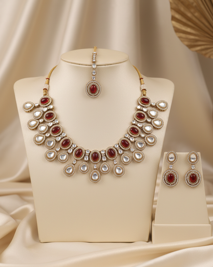 Maroon Sehaj Premium Polki Dupe Necklace with Earring and Teeka
