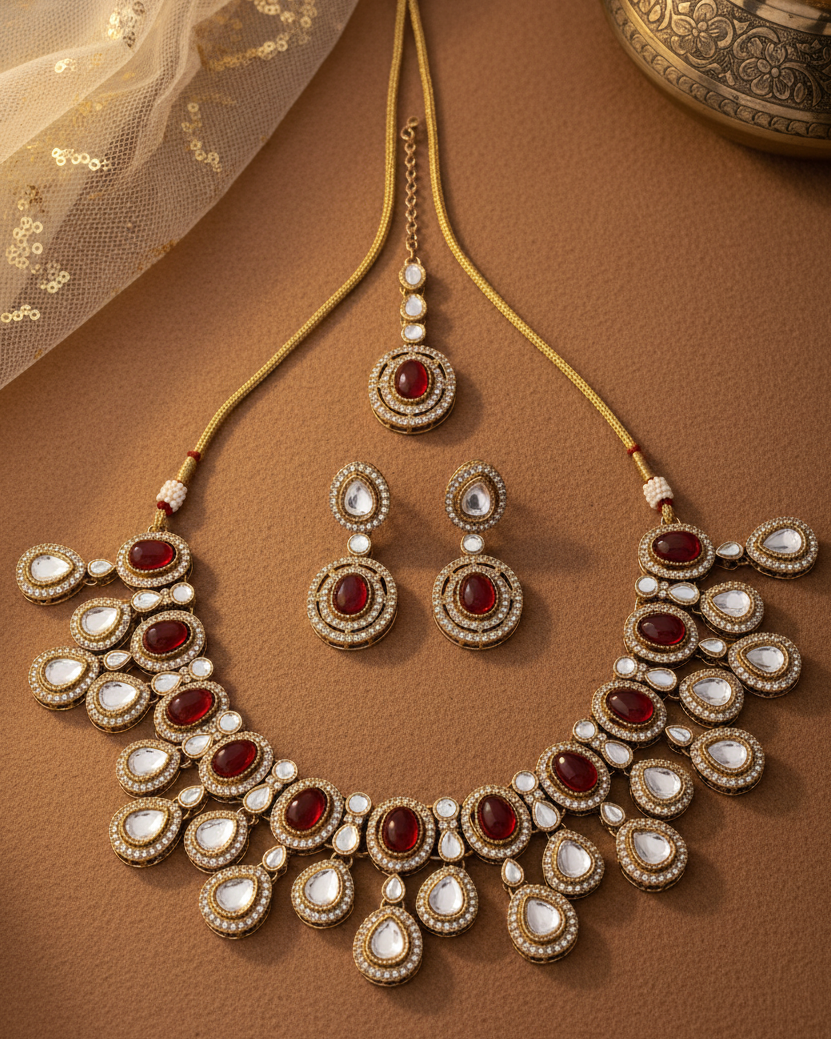 Maroon Sehaj Premium Polki Dupe Necklace with Earring and Teeka