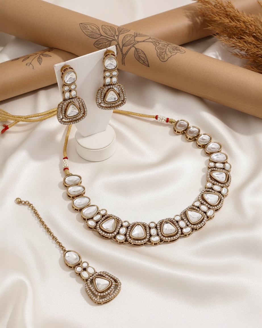 Sumaya Premium Polki Dupe Necklace with Earring and Teeka