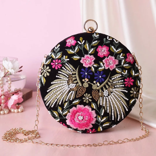 Black with Pink Kiran Embroidered Circle Clutch