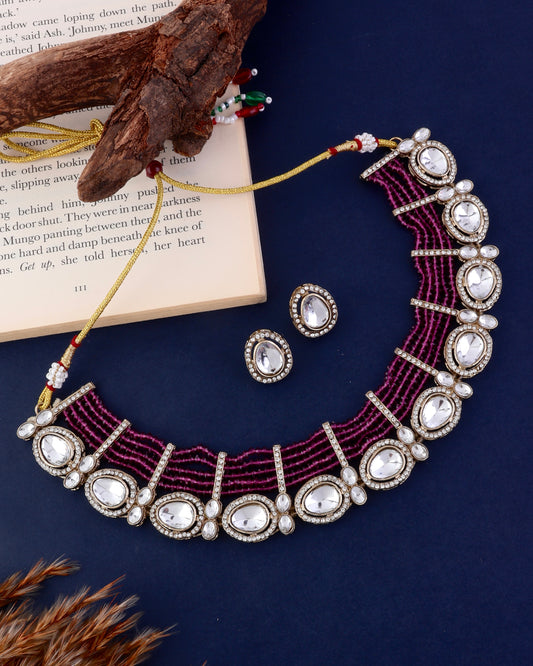 Purple Darvesh Zircone Polki Dupe Pearl Necklace with Earring