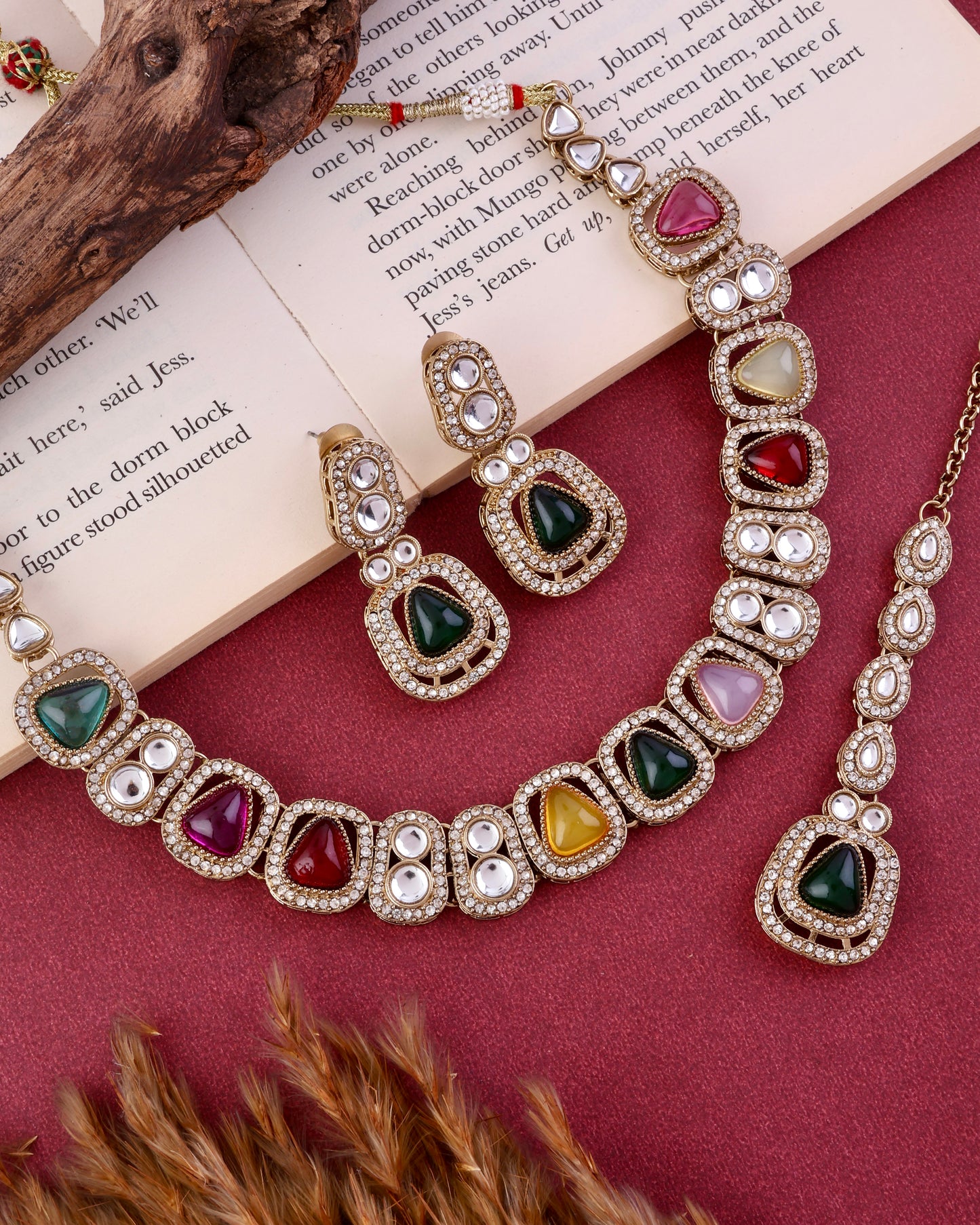 Multi Zorawar Premium Polki Dupe Necklace with Earring and Teeka