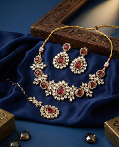 Red Sierra Kundan Choker Necklace Set With Earring & Teeka