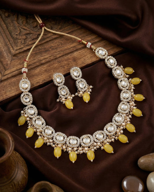 Yellow Fareed Kundan Zircone Necklace With Earring