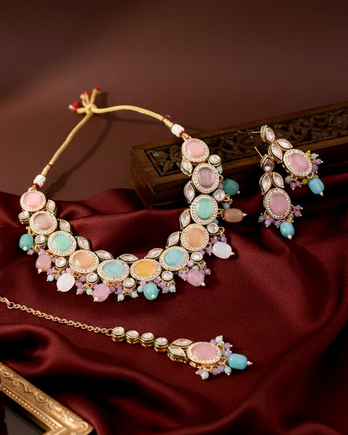 Pastel Multi Vridha Premium Monalisa Necklace Set