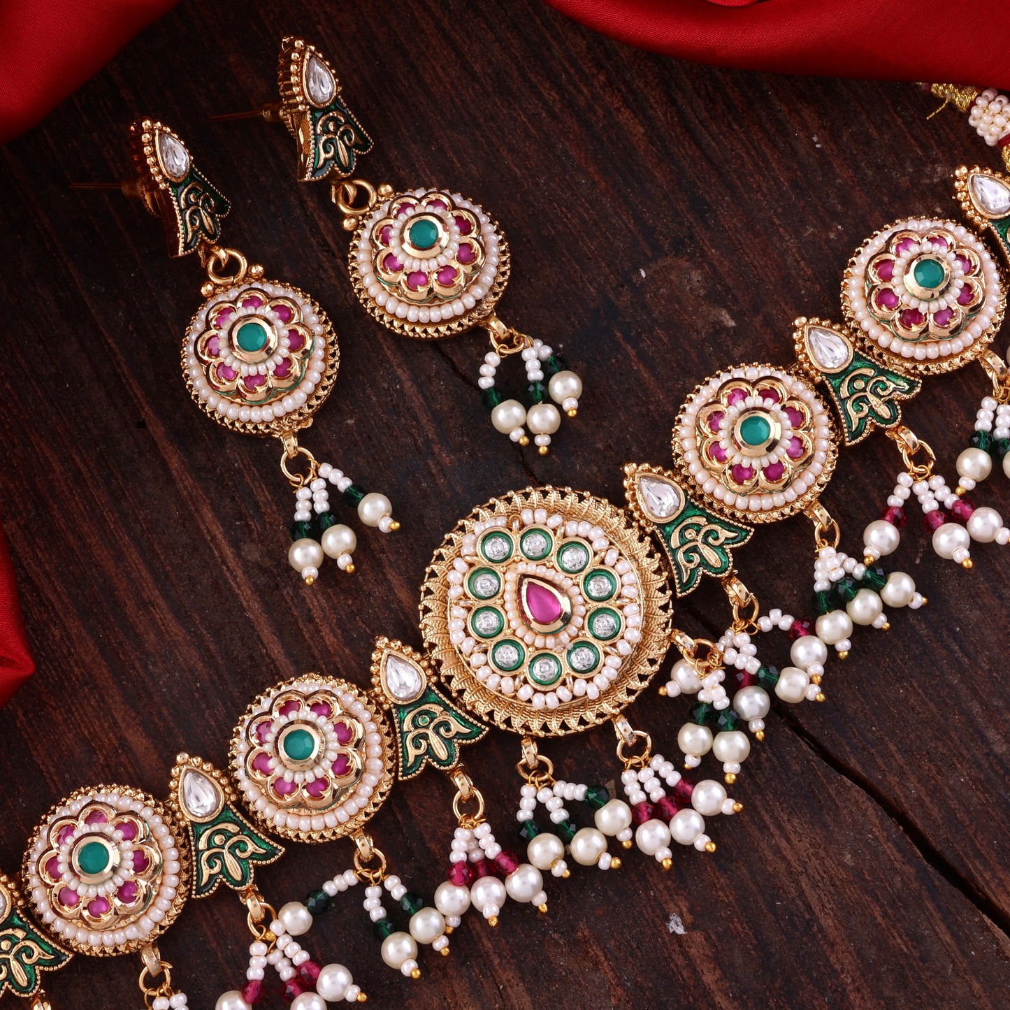 Green Pink Ahilya Rajwada Choker set with Earring