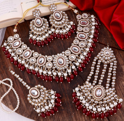 Dark Red Gurkeerat Necklace Earring with Teeka and Side Jhumar/Passa