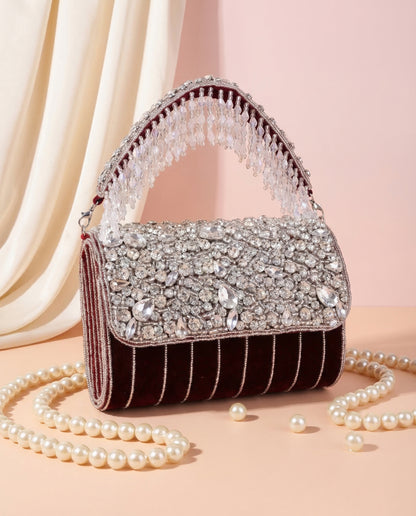 Maroon Clementine Rhinestone Flap Clutch