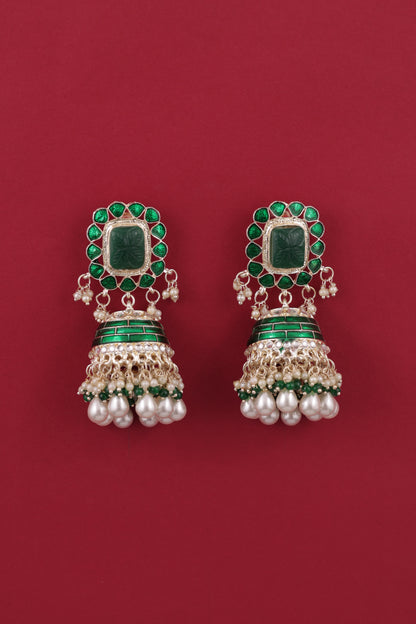 Dark Green Trinaya Meenakari Jhumka