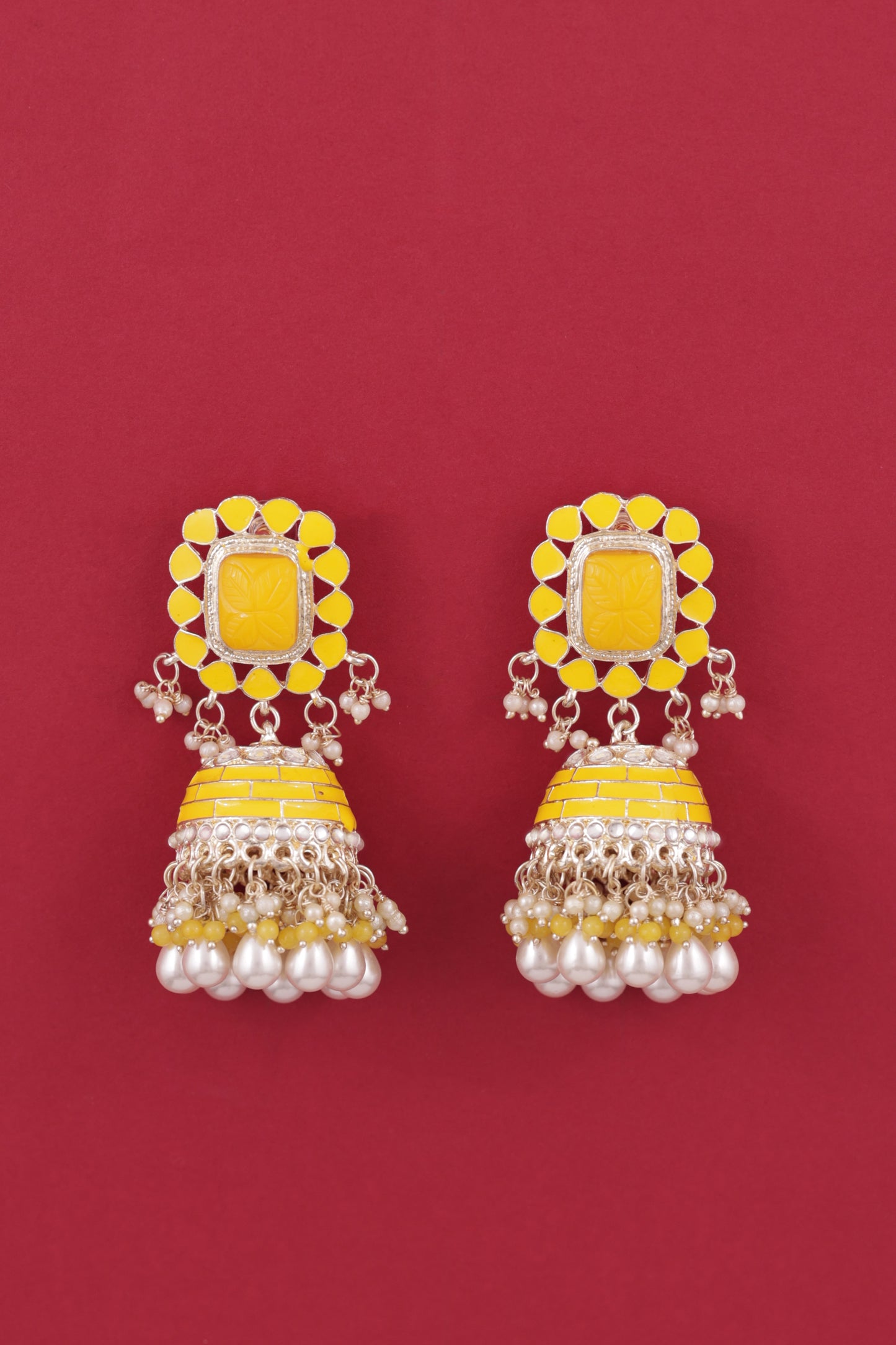 Yellow Trinaya Meenakari Jhumka