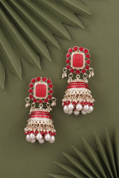 Red Trinaya Meenakari Jhumka