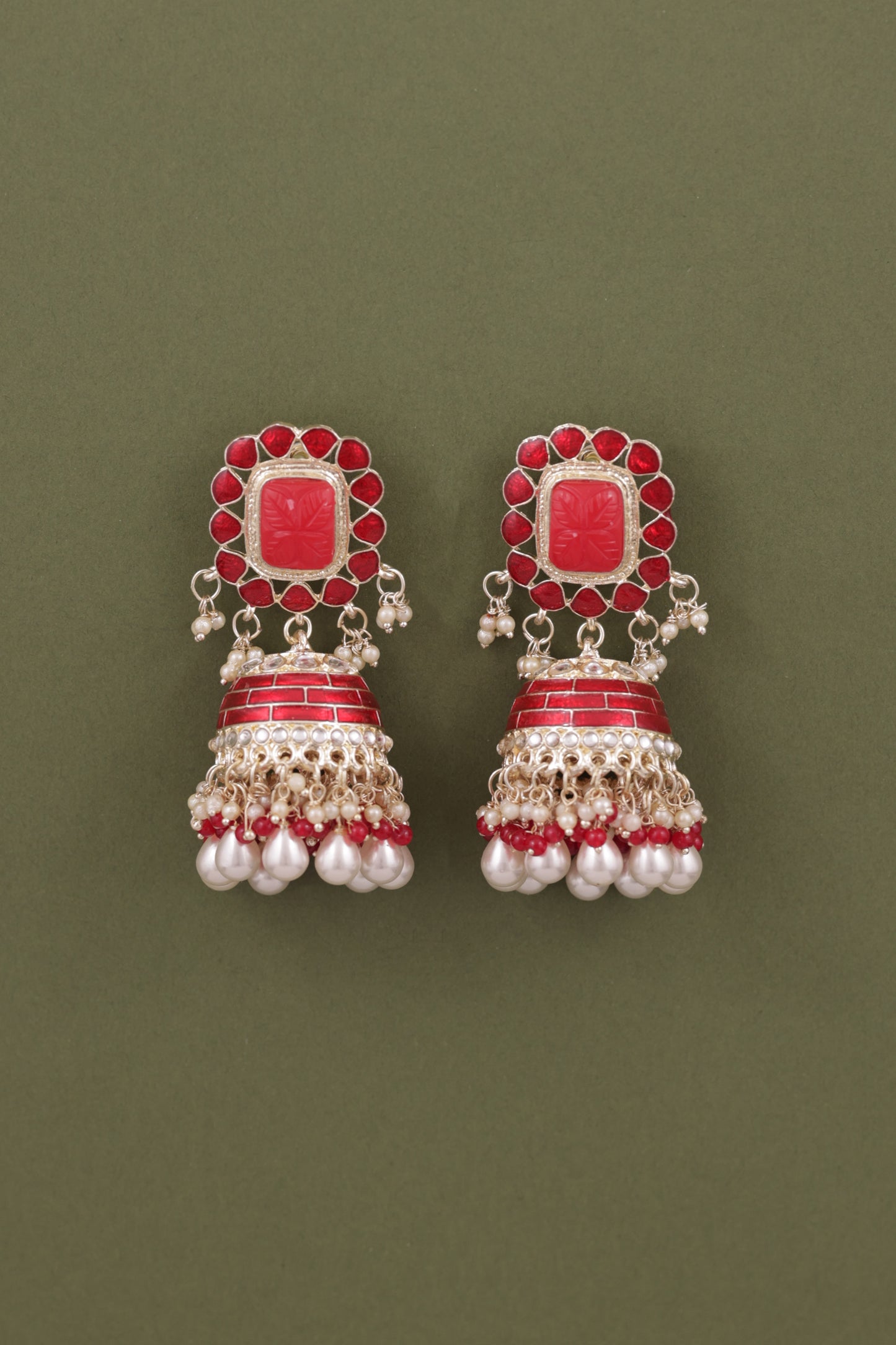 Red Trinaya Meenakari Jhumka