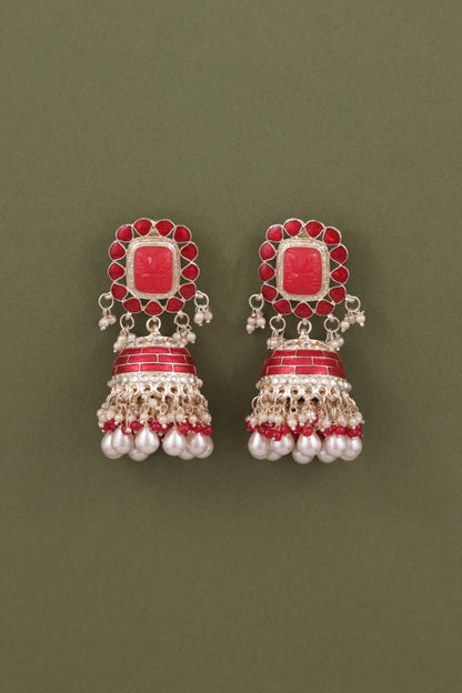 Red Trinaya Meenakari Jhumka
