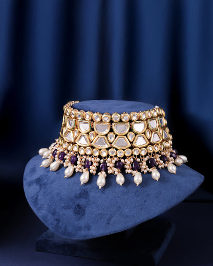 Blue Guranshi Dabi Kundan Choker Necklace with Earring and Mangteeka