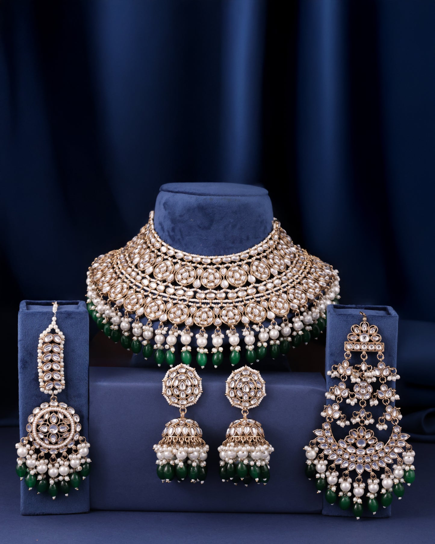 Green Navneet Statement Necklace Earring with Teeka and Side Jhumar/Passa