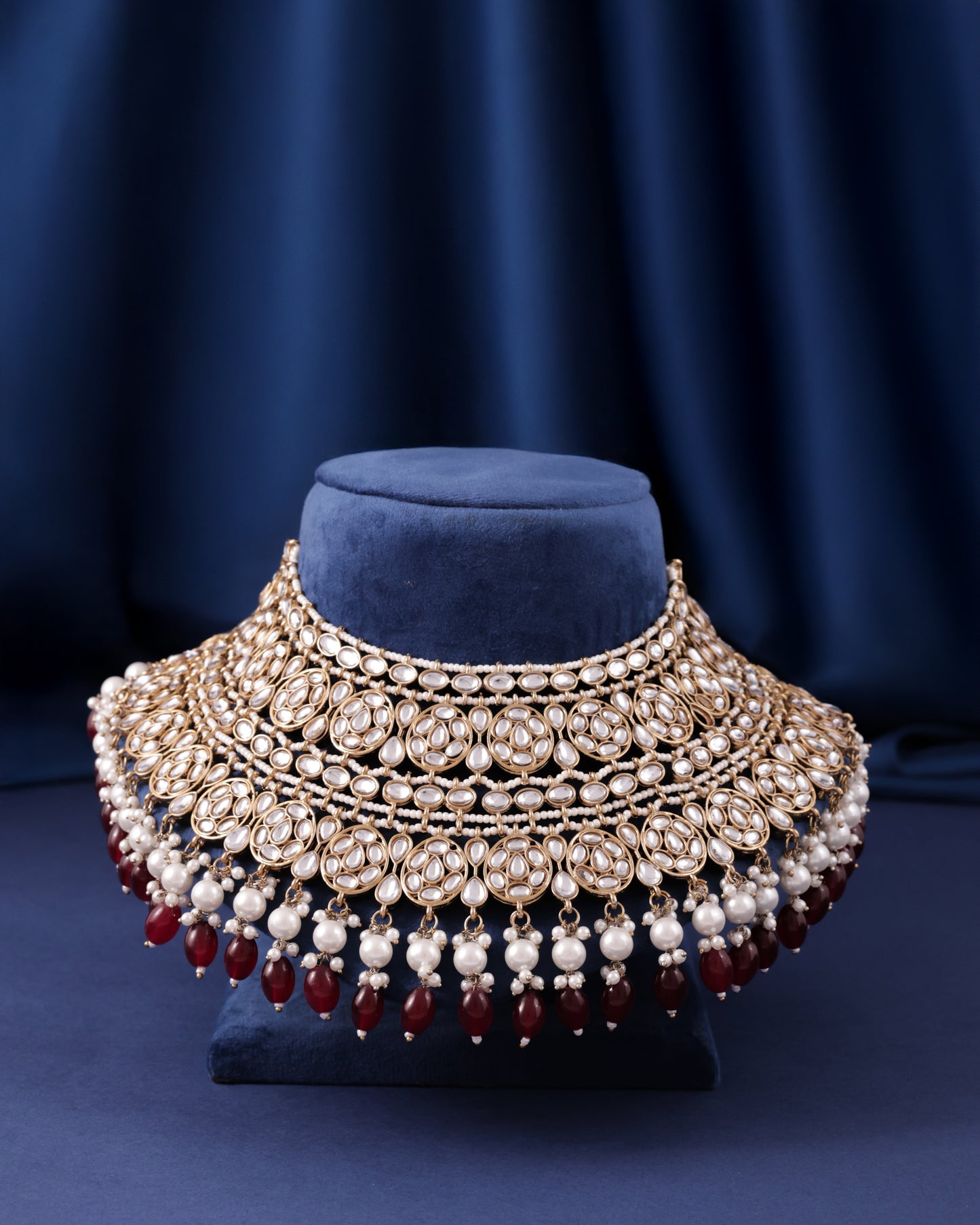 Maroon Navneet Statement Necklace Earring with Teeka and Side Jhumar/Passa