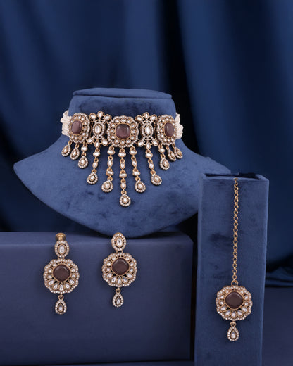 Wine Meher Premium Necklace with Earring and Mangteeka