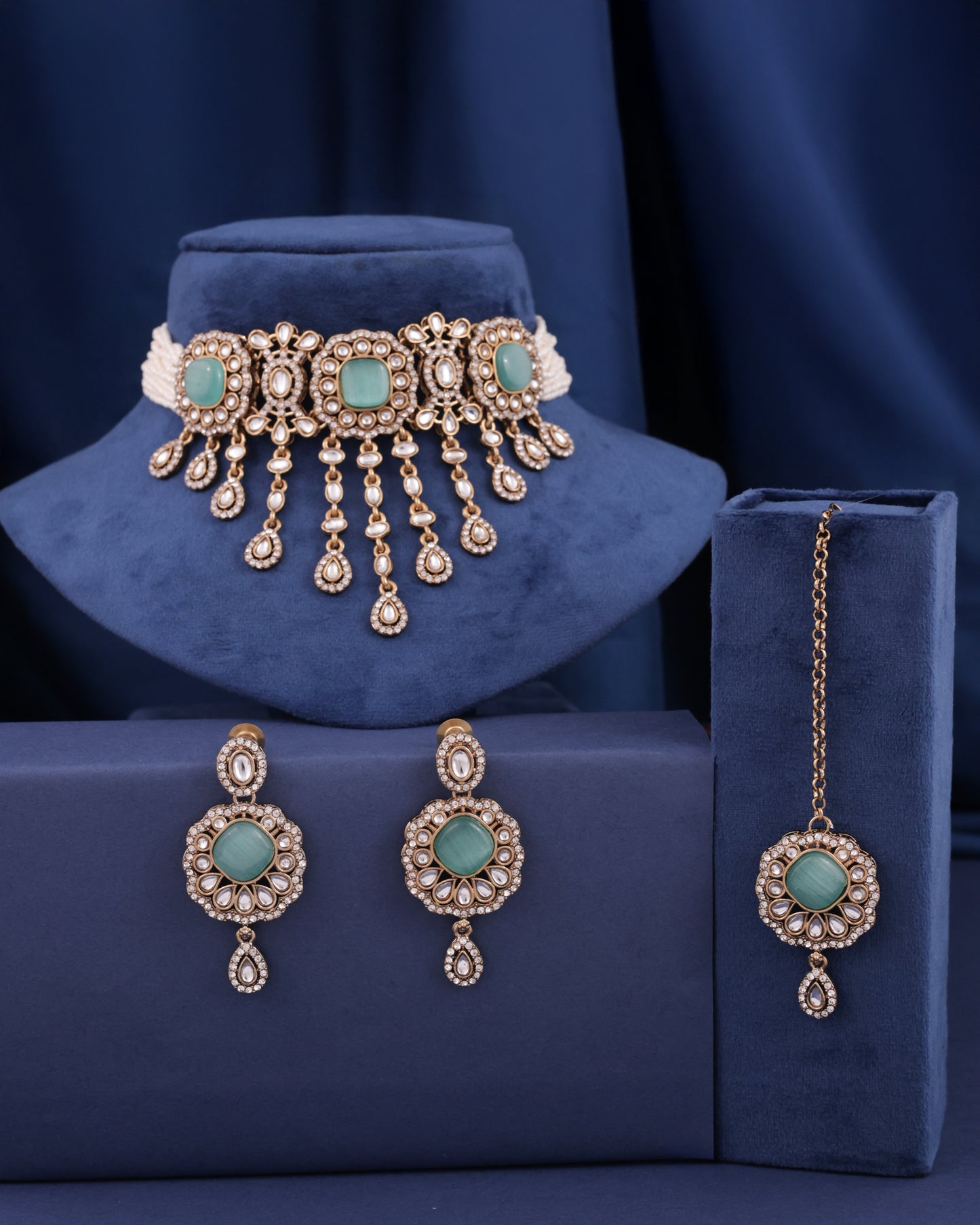 Mint Green Meher Premium Necklace with Earring and Mangteeka