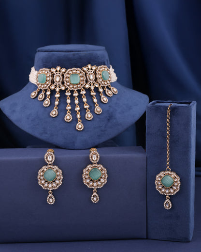 Mint Green Meher Premium Necklace with Earring and Mangteeka
