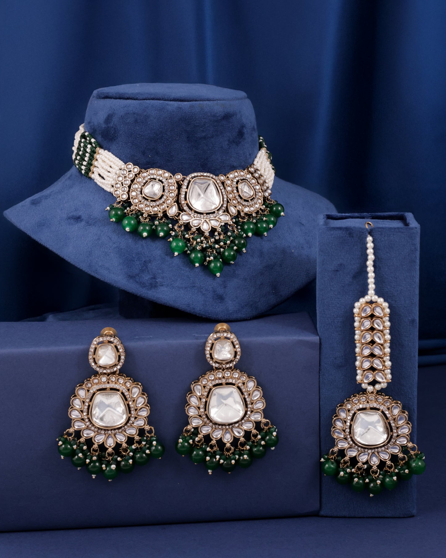 Green Sharvika Premium Necklace with Earring and Teeka